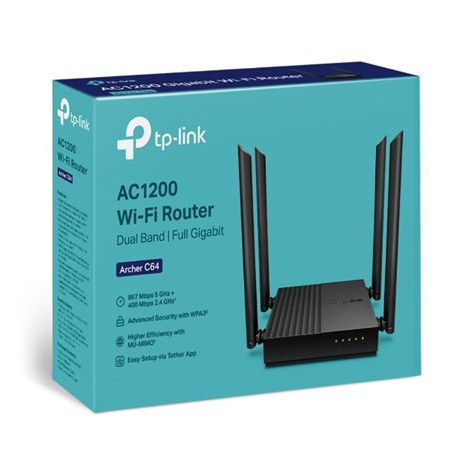 TP-LINK | AC1200 Wireless MU-MIMO Wi-Fi Router | Archer C64 | 802.11ac | 867+400 Mbit/s | Mbit/s | Ethernet LAN (RJ-45) ports 4 - 5
